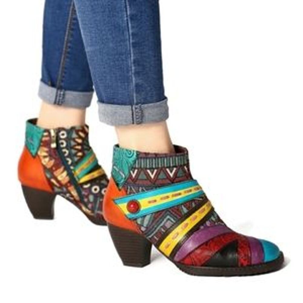 Socofy Retro Boho Multicolor Leather Stretch Fabric Booties Women's 38/7-7.5